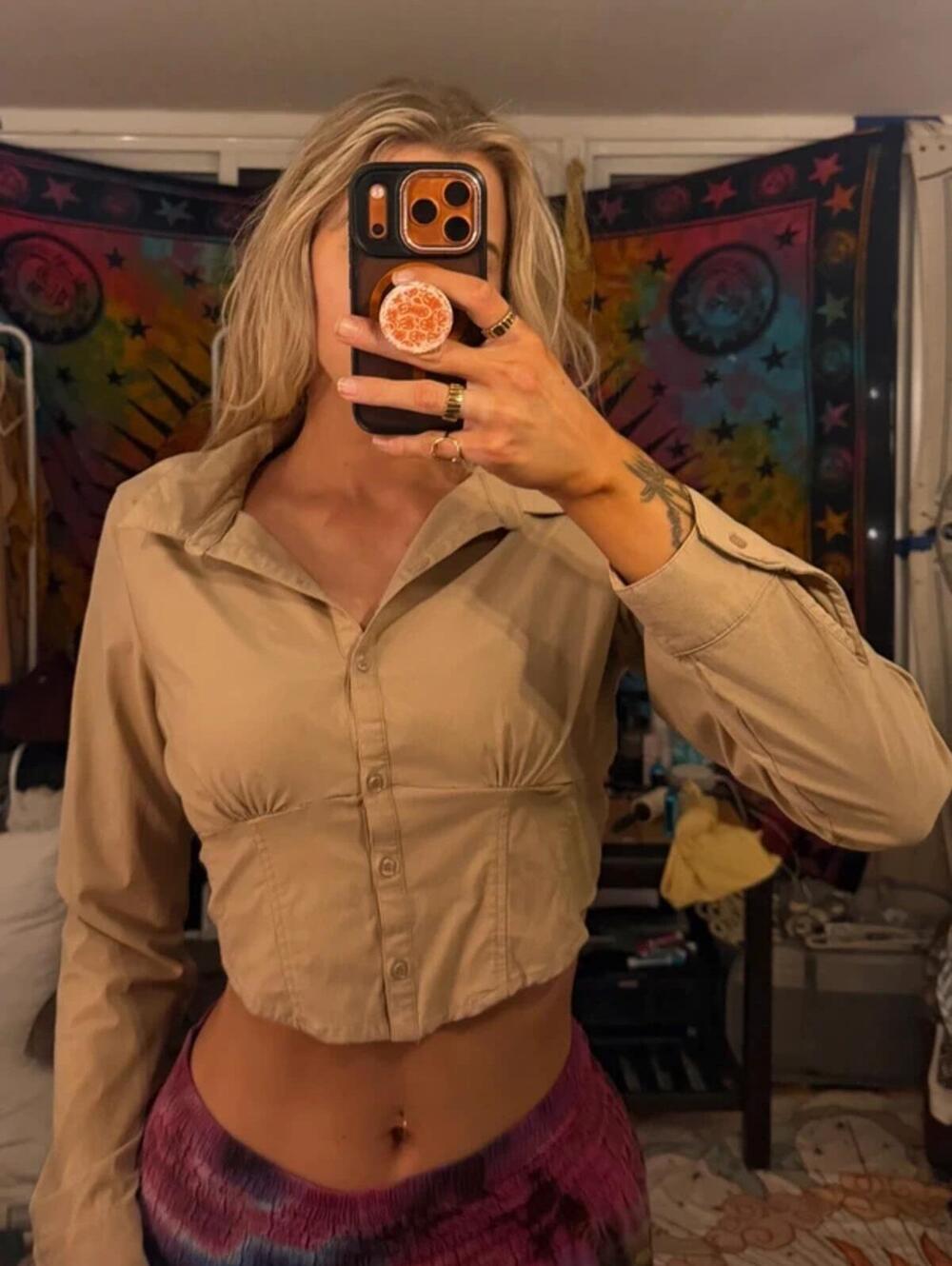Love Tree L Tan Cropped Button Up Corset Blouse